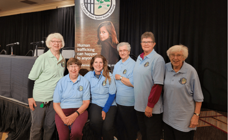Mary Lechtenberg, OSF (l.), Irene Lukefahr, BVM; Dr. Kim Hilby, Diane Rapozo, BVM; Nancy Miller, OSF; and Gwen Farry, BVM attend the U.S. Catholic Sisters Against Human Trafficking (USCSAHT) in St. Louis.